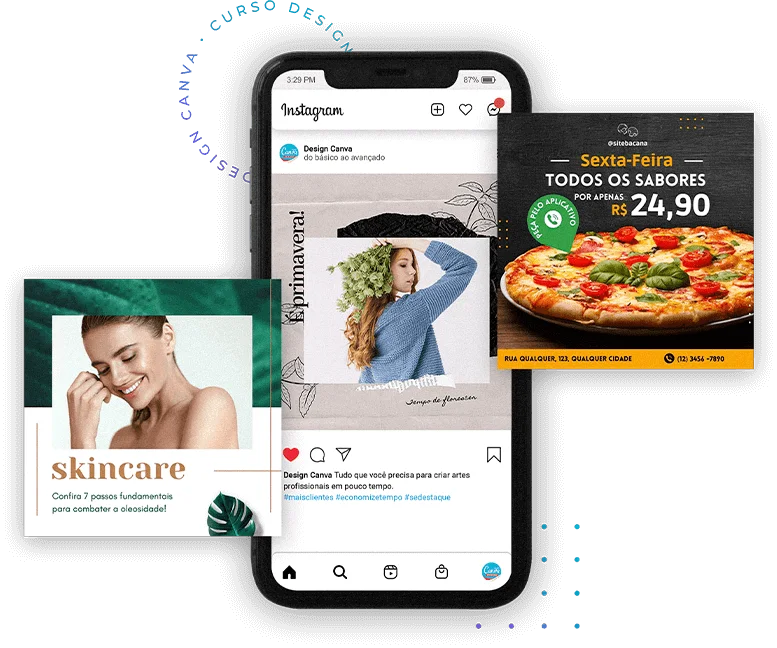 Exemplos de posts criados no Canva, do curso Design Canva Profissional