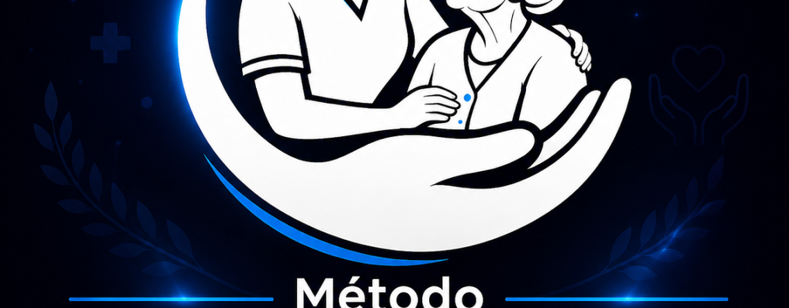 Ilustração de cuidadora com uma senhora idosa, capa do Método Cuidador de Idosos Profissional