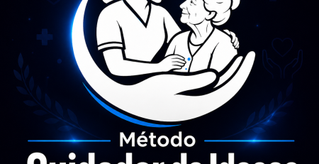 Ilustração de cuidadora com uma senhora idosa, capa do Método Cuidador de Idosos Profissional