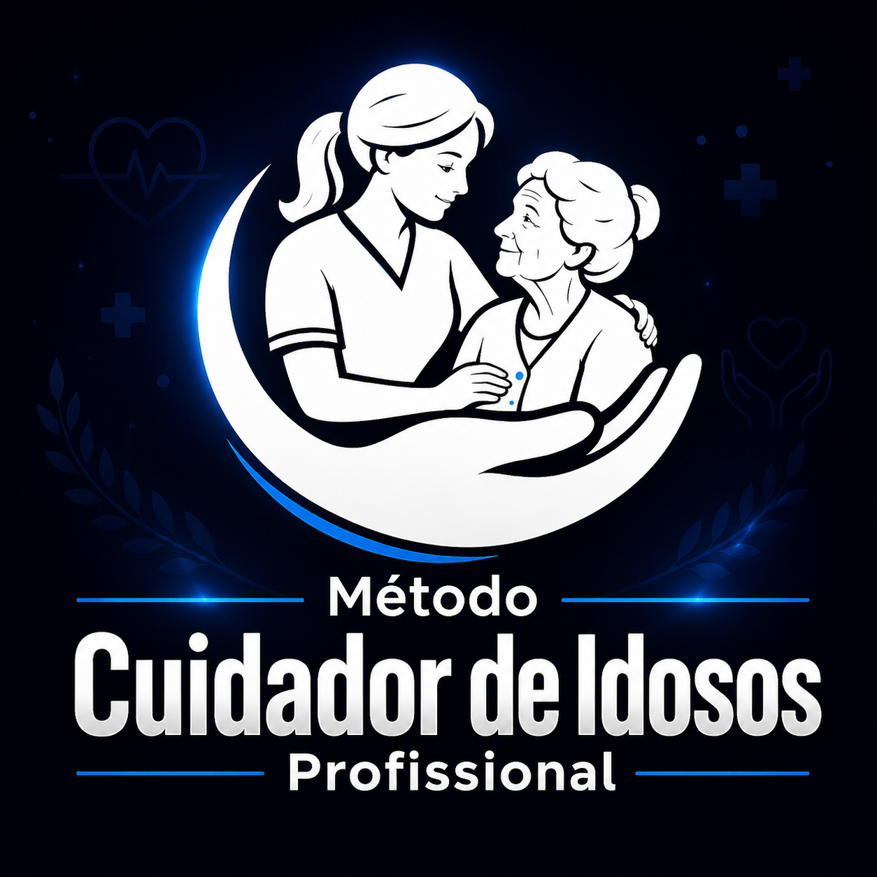 Ilustração de cuidadora com uma senhora idosa, capa do Método Cuidador de Idosos Profissional