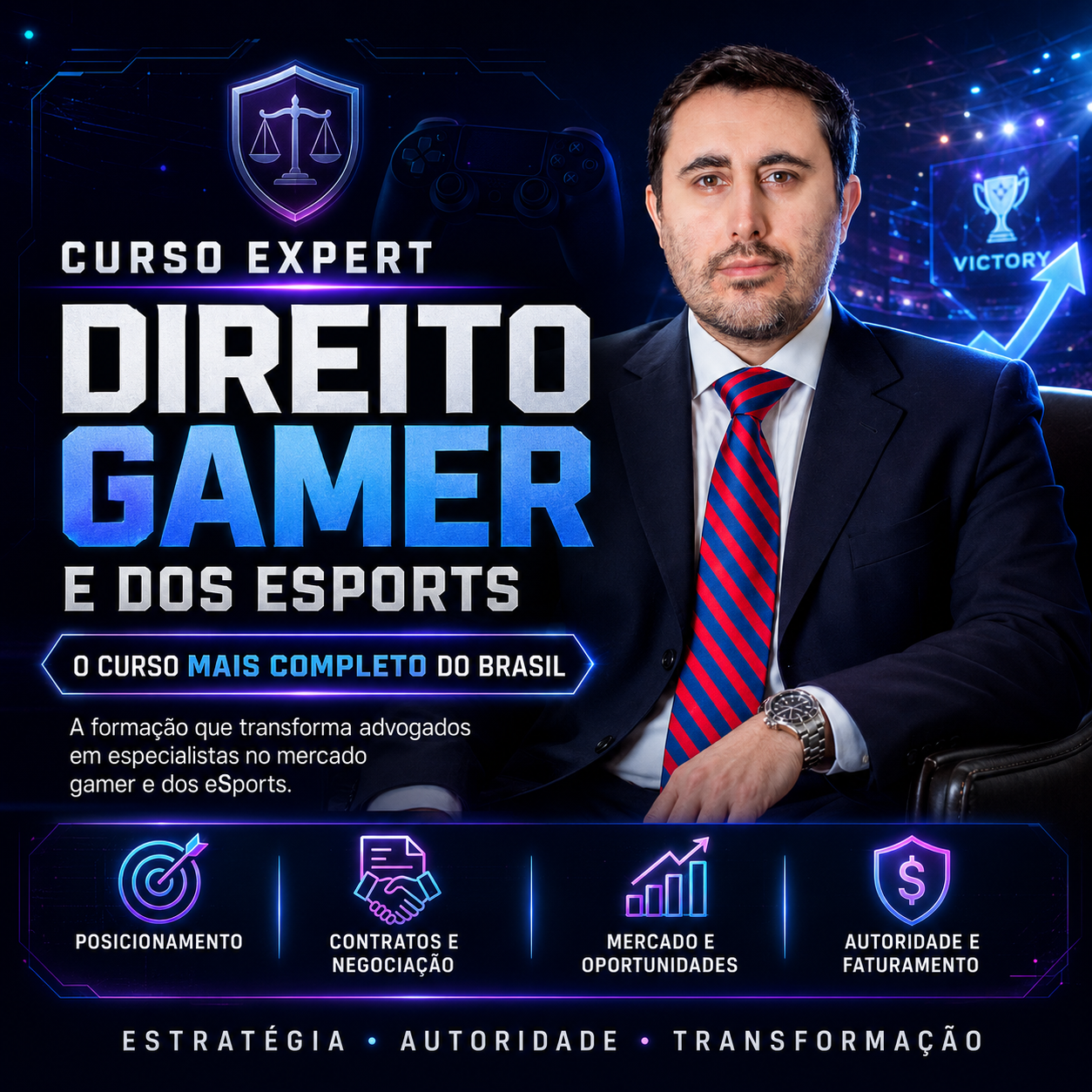 Professor Hélio Zwicker na capa do Curso Expert em Direito Gamer e dos eSports