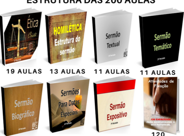 Estrutura das 200 aulas do curso Pregador Eficaz: ética cristã, homilética e tipos de sermão