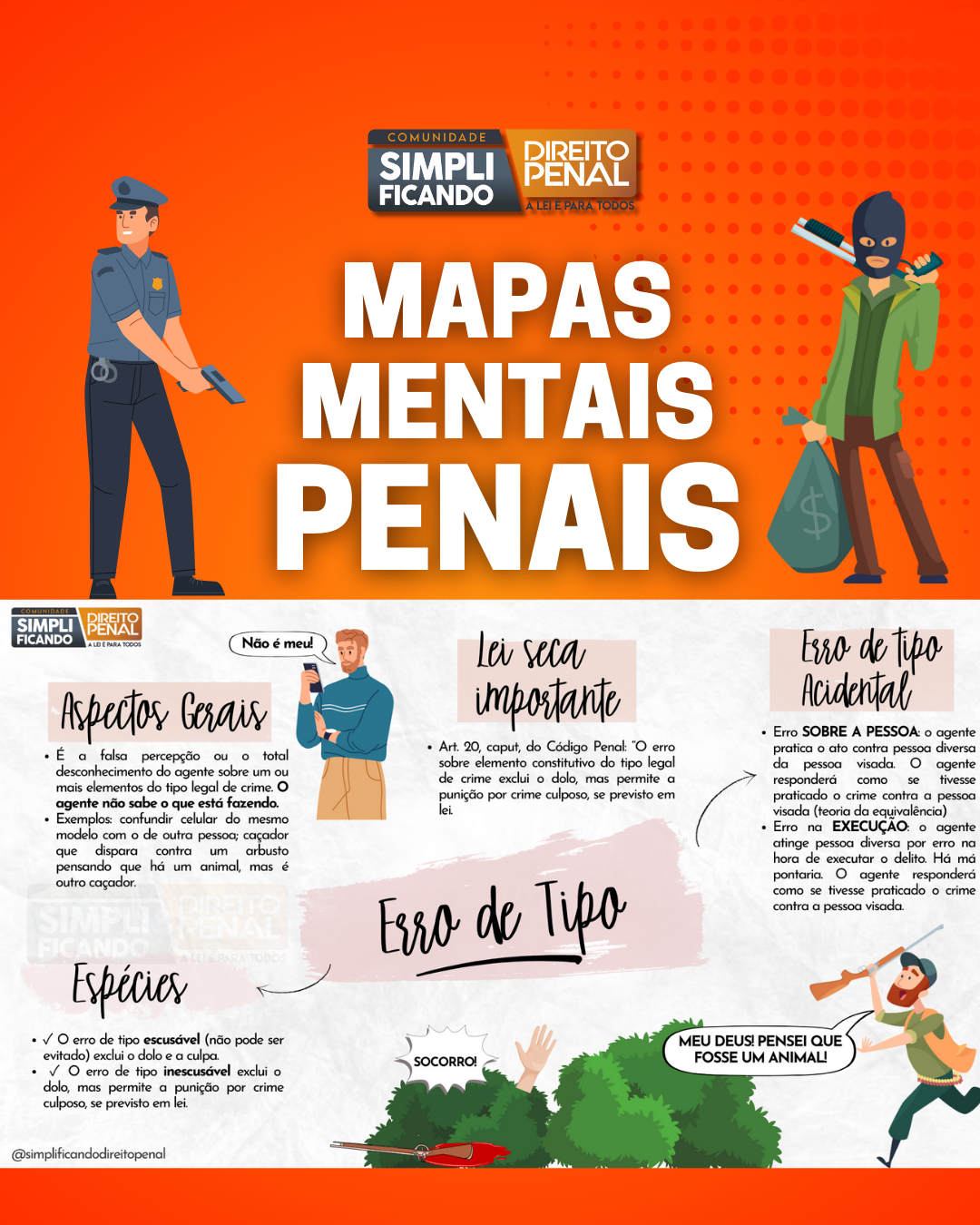 Capa dos Mapas Mentais Penais, do Simplificando Direito Penal, com exemplos de mapas