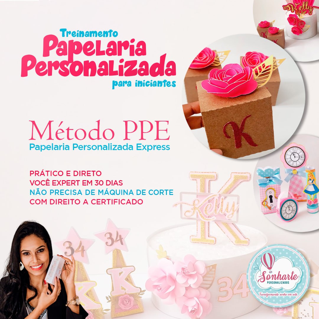 Caixinhas e topos de bolo personalizados, imagem do curso Papelaria Personalizada Express