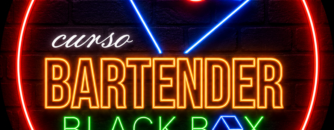 Taça de coquetel em neon, logotipo do Curso de Bartender Black Box