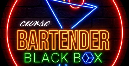 Taça de coquetel em neon, logotipo do Curso de Bartender Black Box
