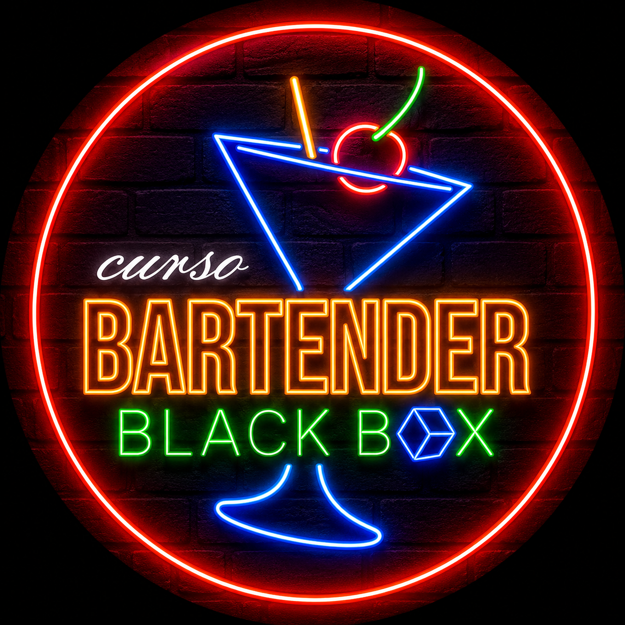 Taça de coquetel em neon, logotipo do Curso de Bartender Black Box