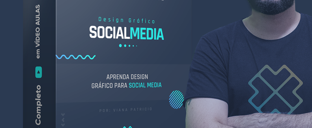 Capa do curso Design Gráfico para Social Media, com o professor ao lado da caixa do curso