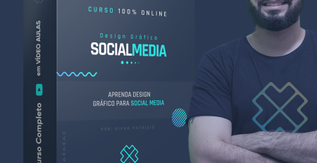 Capa do curso Design Gráfico para Social Media, com o professor ao lado da caixa do curso