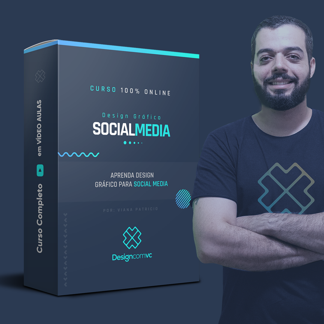Capa do curso Design Gráfico para Social Media, com o professor ao lado da caixa do curso