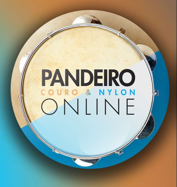 Pandeiro com o logotipo do curso Pandeiro Online, couro e nylon