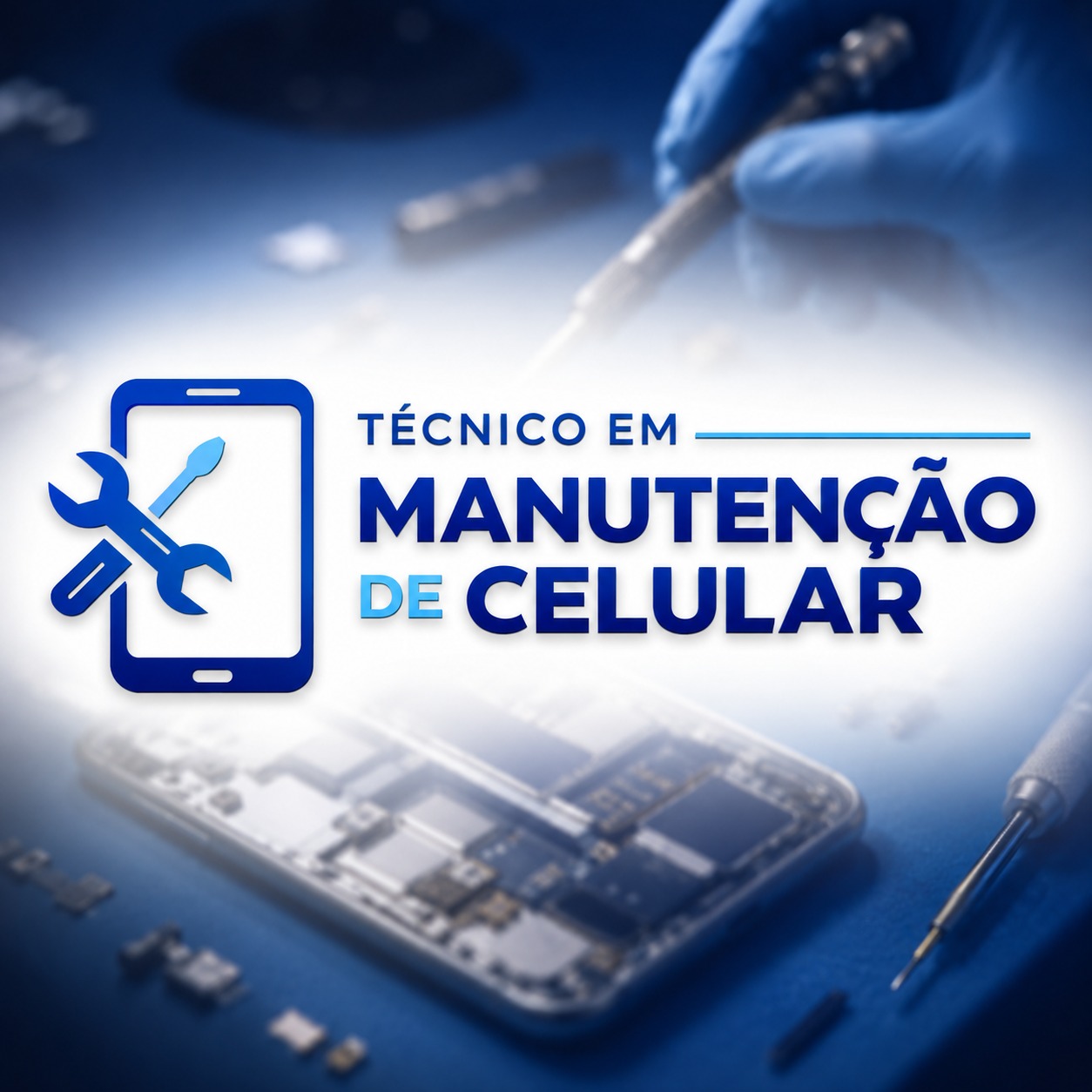 Logotipo do curso Técnico em Manutenção de Celular sobre uma bancada de reparo