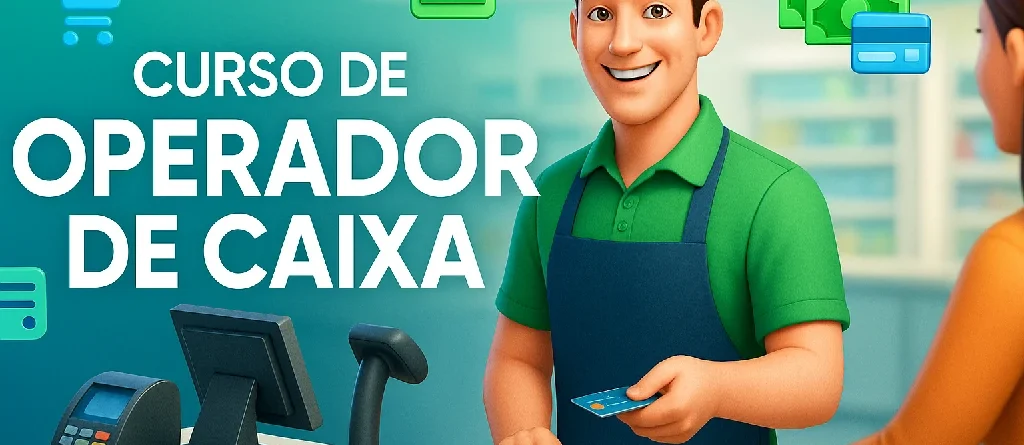 Operadora de caixa atendendo cliente no supermercado, capa do curso de Operador de Caixa