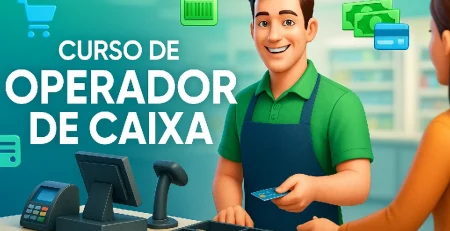 Operadora de caixa atendendo cliente no supermercado, capa do curso de Operador de Caixa