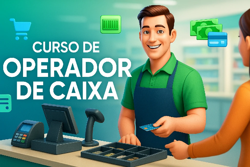 Operadora de caixa atendendo cliente no supermercado, capa do curso de Operador de Caixa