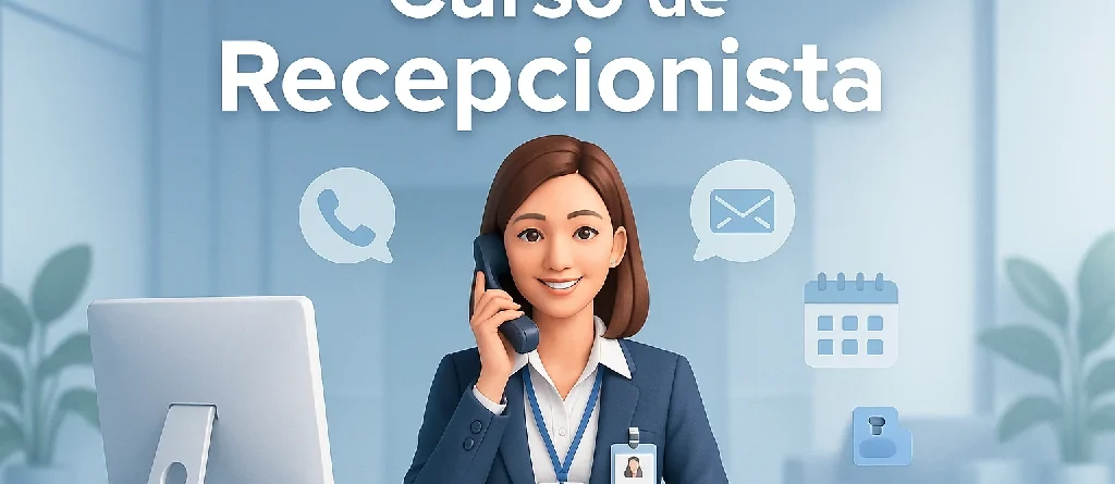 Recepcionista atendendo ao telefone no balcão, capa do curso de Recepcionista