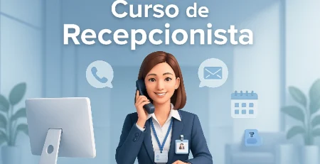 Recepcionista atendendo ao telefone no balcão, capa do curso de Recepcionista