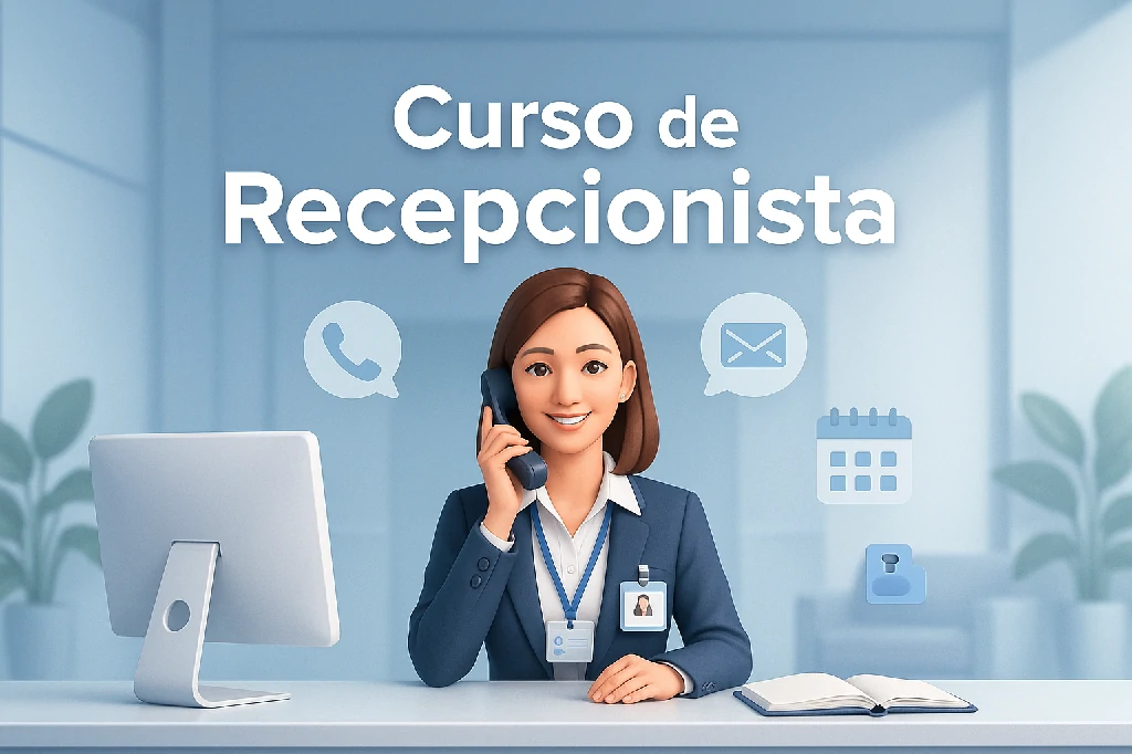 Recepcionista atendendo ao telefone no balcão, capa do curso de Recepcionista