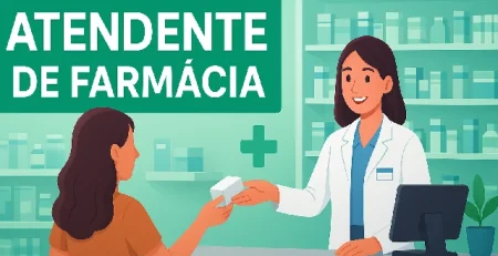 Atendente de farmácia atendendo cliente no balcão, capa do curso de Atendente de Farmácia