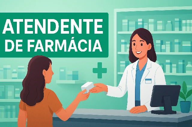 Atendente de farmácia atendendo cliente no balcão, capa do curso de Atendente de Farmácia