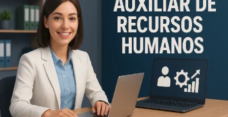 Profissional de RH estendendo a mão em um escritório, capa do curso de Auxiliar de Recursos Humanos