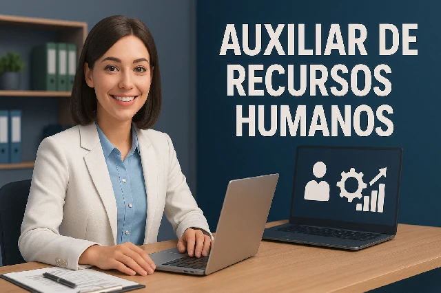 Profissional de RH estendendo a mão em um escritório, capa do curso de Auxiliar de Recursos Humanos
