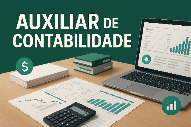 Moedas empilhadas diante de gráficos financeiros, capa do curso de Auxiliar de Contabilidade