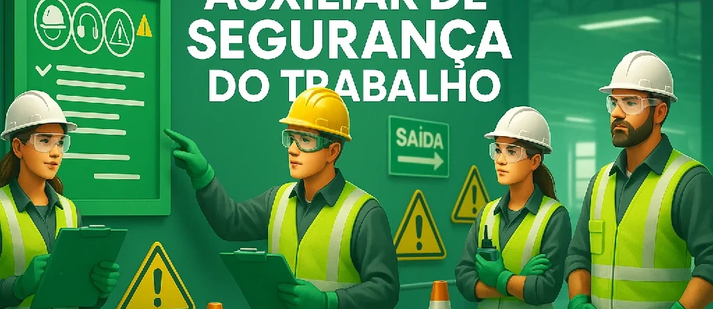 Profissionais com capacete e colete em um galpão, capa do curso de Auxiliar de Segurança do Trabalho