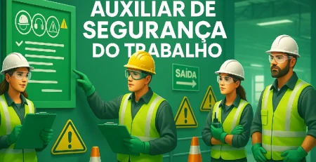 Profissionais com capacete e colete em um galpão, capa do curso de Auxiliar de Segurança do Trabalho