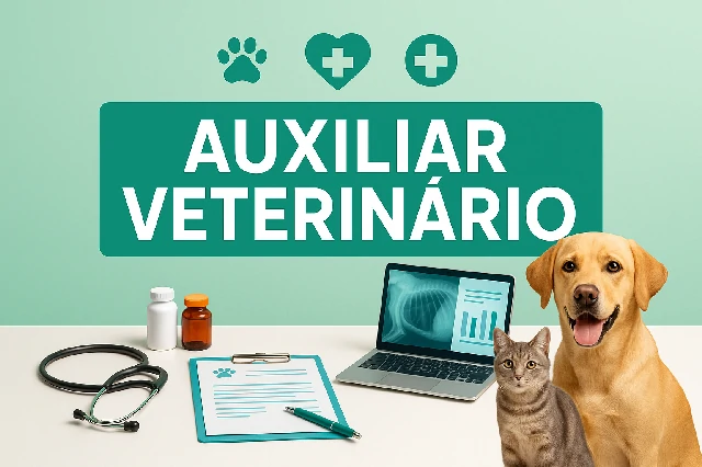 Equipe veterinária examinando um cachorro, capa do curso de Auxiliar Veterinário