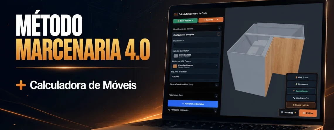Notebook com a Calculadora de Móveis mostrando um armário em 3D, do curso Marcenaria 4.0