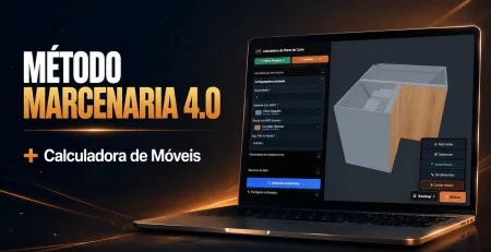 Notebook com a Calculadora de Móveis mostrando um armário em 3D, do curso Marcenaria 4.0