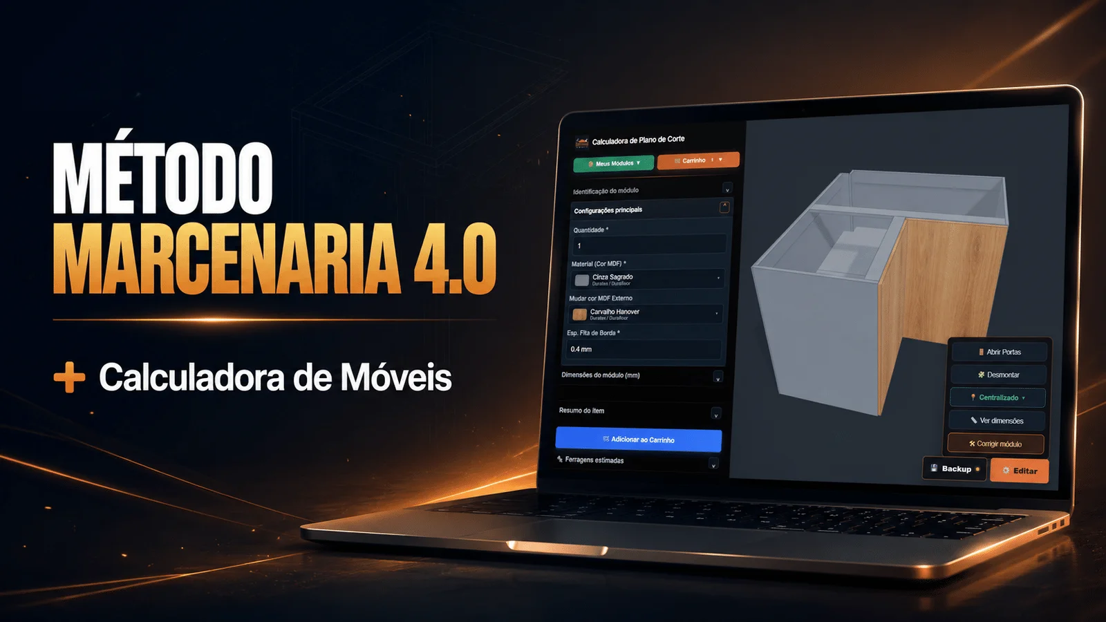 Notebook com a Calculadora de Móveis mostrando um armário em 3D, do curso Marcenaria 4.0