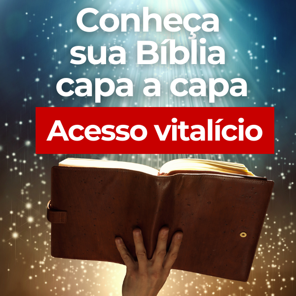 Mão segurando uma Bíblia aberta sob um céu estrelado, capa do curso Conheça Sua Bíblia Capa a Capa