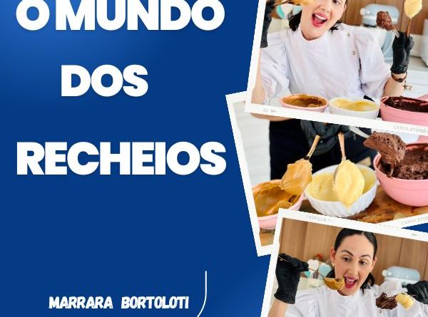 Confeiteira Marrara Bortoloti provando recheios de doce de leite e chocolate, capa do curso O Mundo dos Recheios