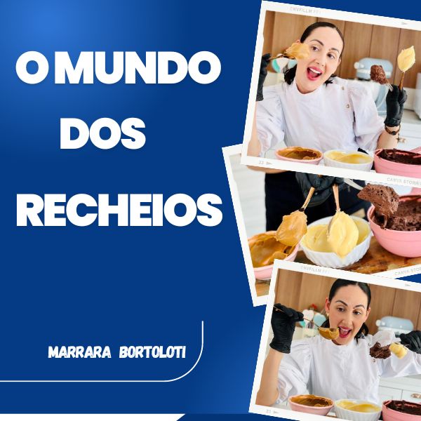 Confeiteira Marrara Bortoloti provando recheios de doce de leite e chocolate, capa do curso O Mundo dos Recheios
