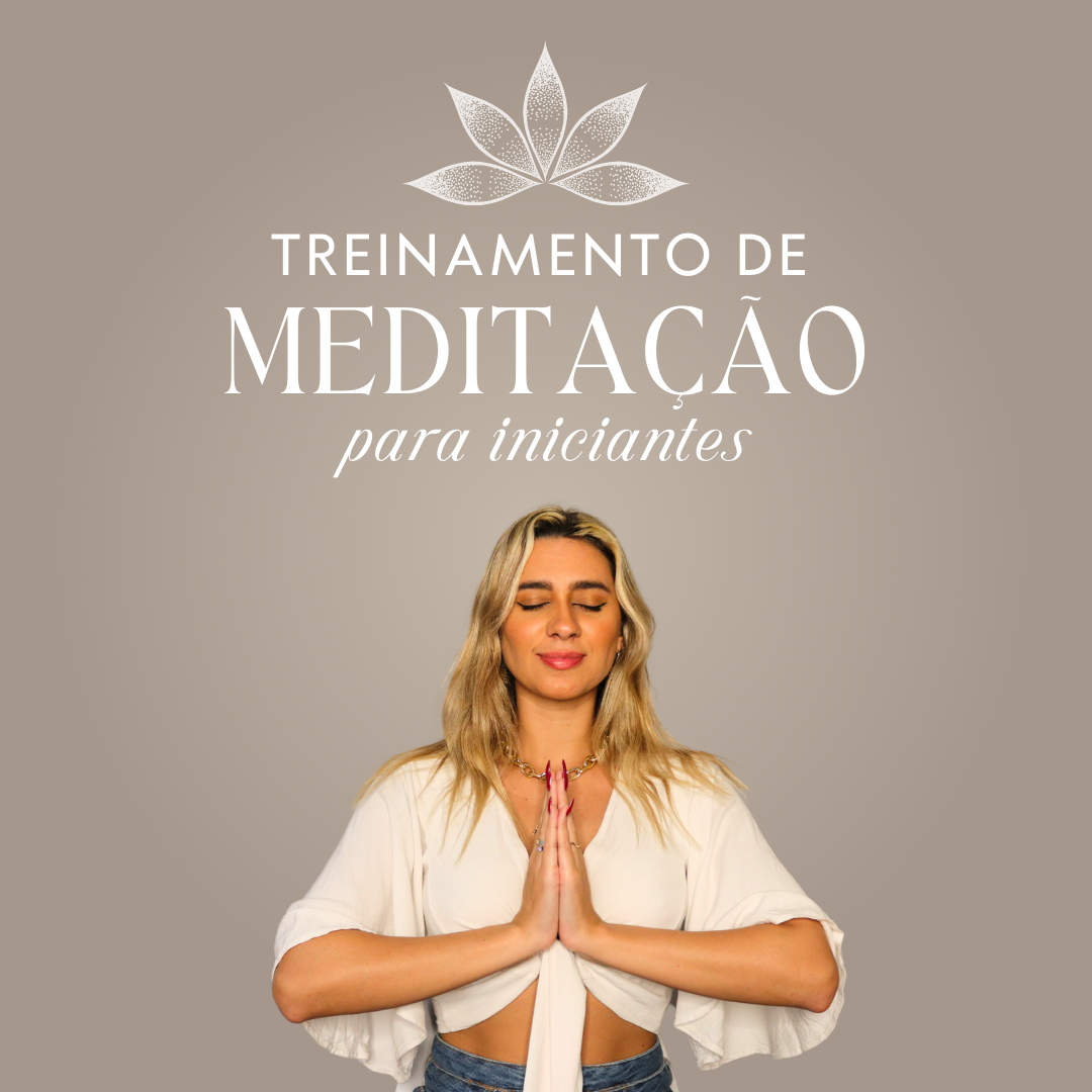 Professora Gabriella Rivetti meditando de olhos fechados, capa do Treinamento de Meditação para Iniciantes