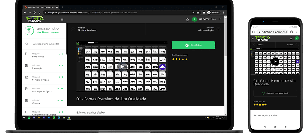 Área de membros do curso Designer na Prática no notebook e no celular, com as aulas de CorelDRAW