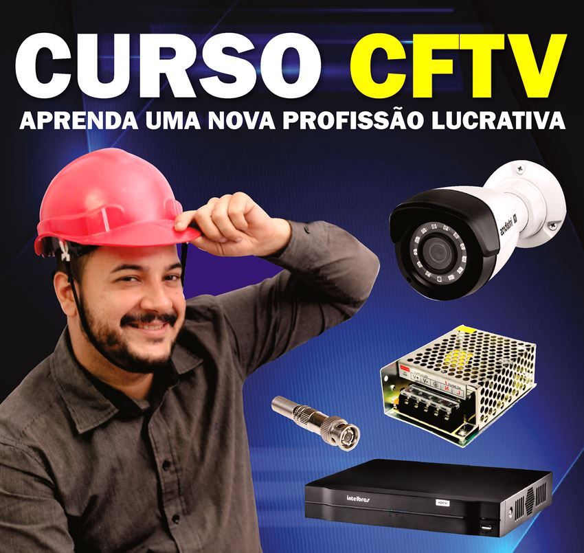 Instrutor de capacete com câmera de segurança, fonte, conector e DVR, capa do Curso de CFTV