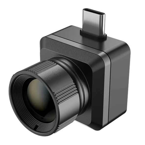 Câmera térmica InfiRay T2 Pro conectada a um celular Android, com imagem térmica na tela