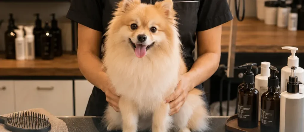 Cão sendo tosado na mesa de banho e tosa, para o comparativo de cursos para trabalhar com pets