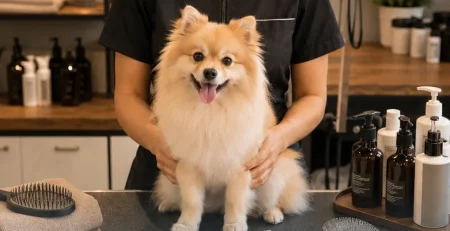 Cão sendo tosado na mesa de banho e tosa, para o comparativo de cursos para trabalhar com pets