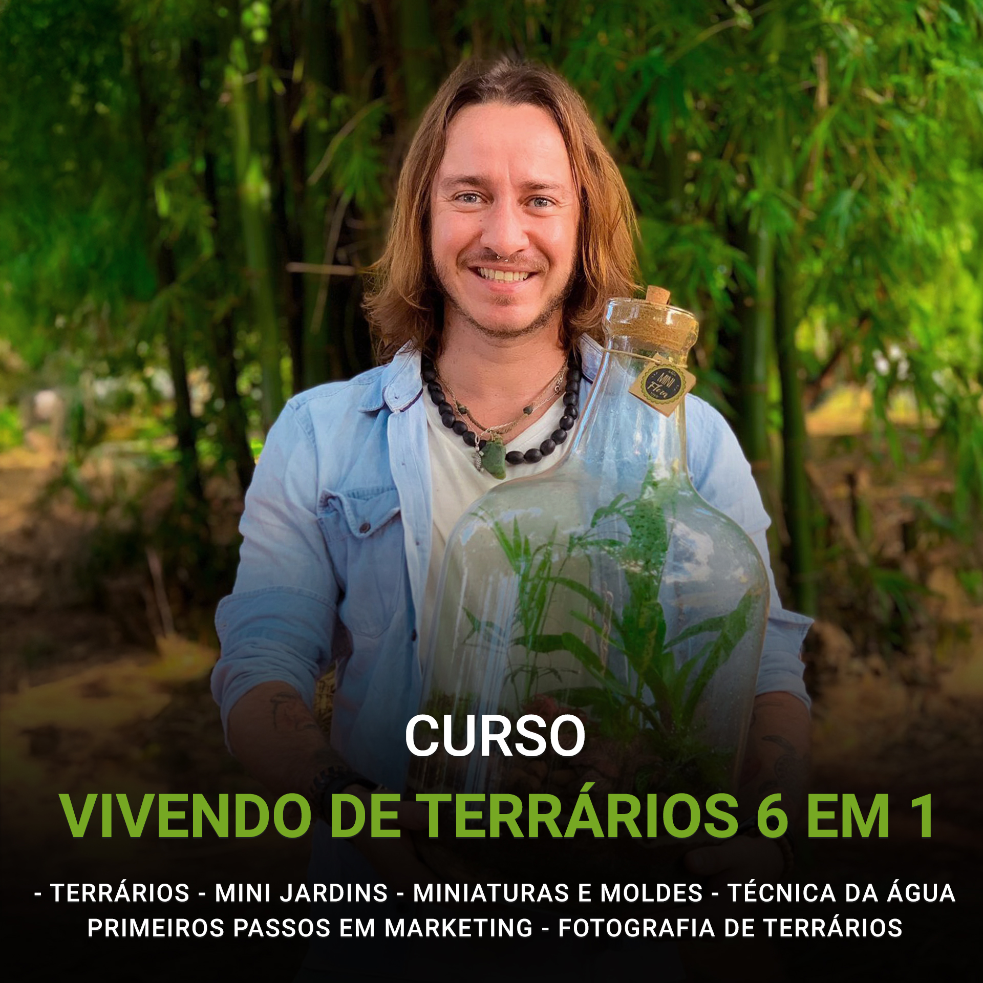 Terrário de vidro com plantas, do curso Vivendo de Terrários